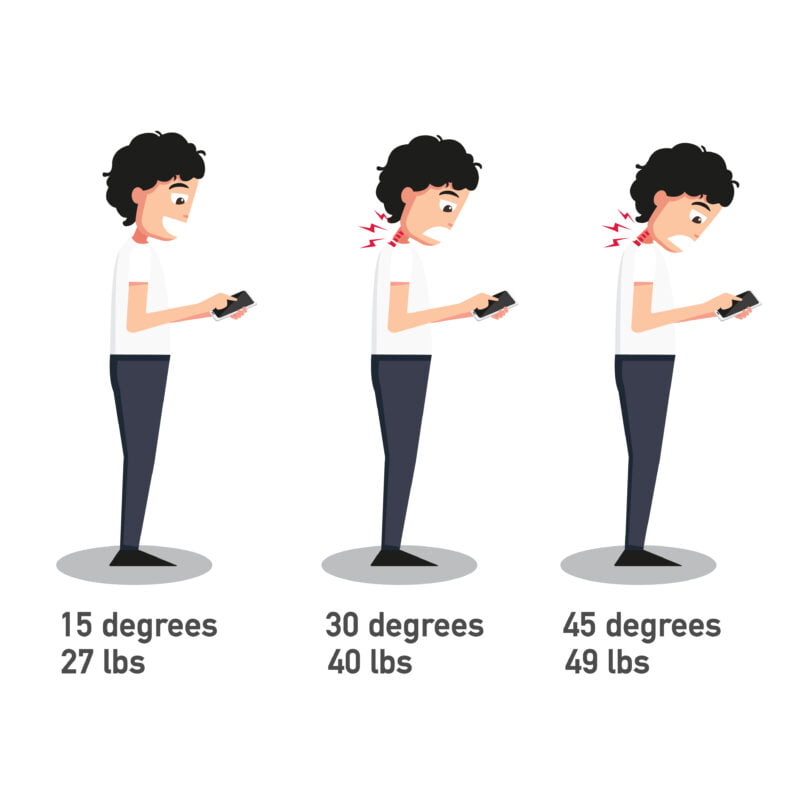 The bad smartphone postures,the angle of bending head related to the pressure on the spine.vector illustration.