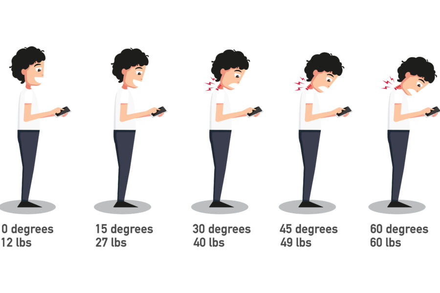 The bad smartphone postures,the angle of bending head related to the pressure on the spine.vector illustration.